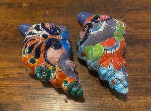 Hand Painted Decorative Seashell Sculptures Coastal Beach Art Set of 2 Colorful